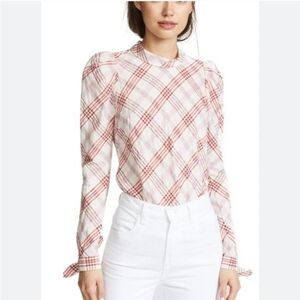 Veronica Beard Isabel Top Red Pink Plaid Button Back Puff Sleeve Tie Cuff size 4